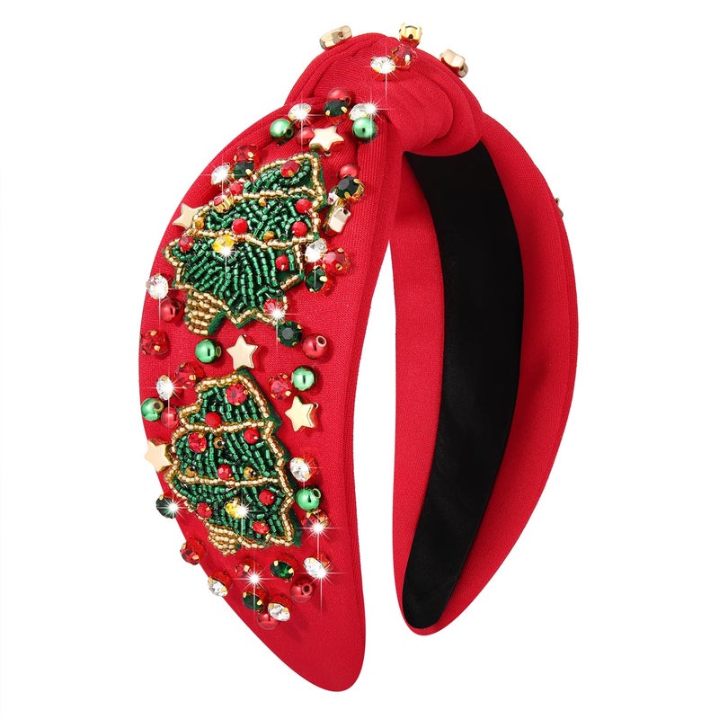 Boderier Christmas Headbands for Women Beaded Christmas Tree Headband Jeweled Crystal Star Wide Knotted Headband Xmas Holiday Hair Accessories Gifts (Red-Tree) - Image 1